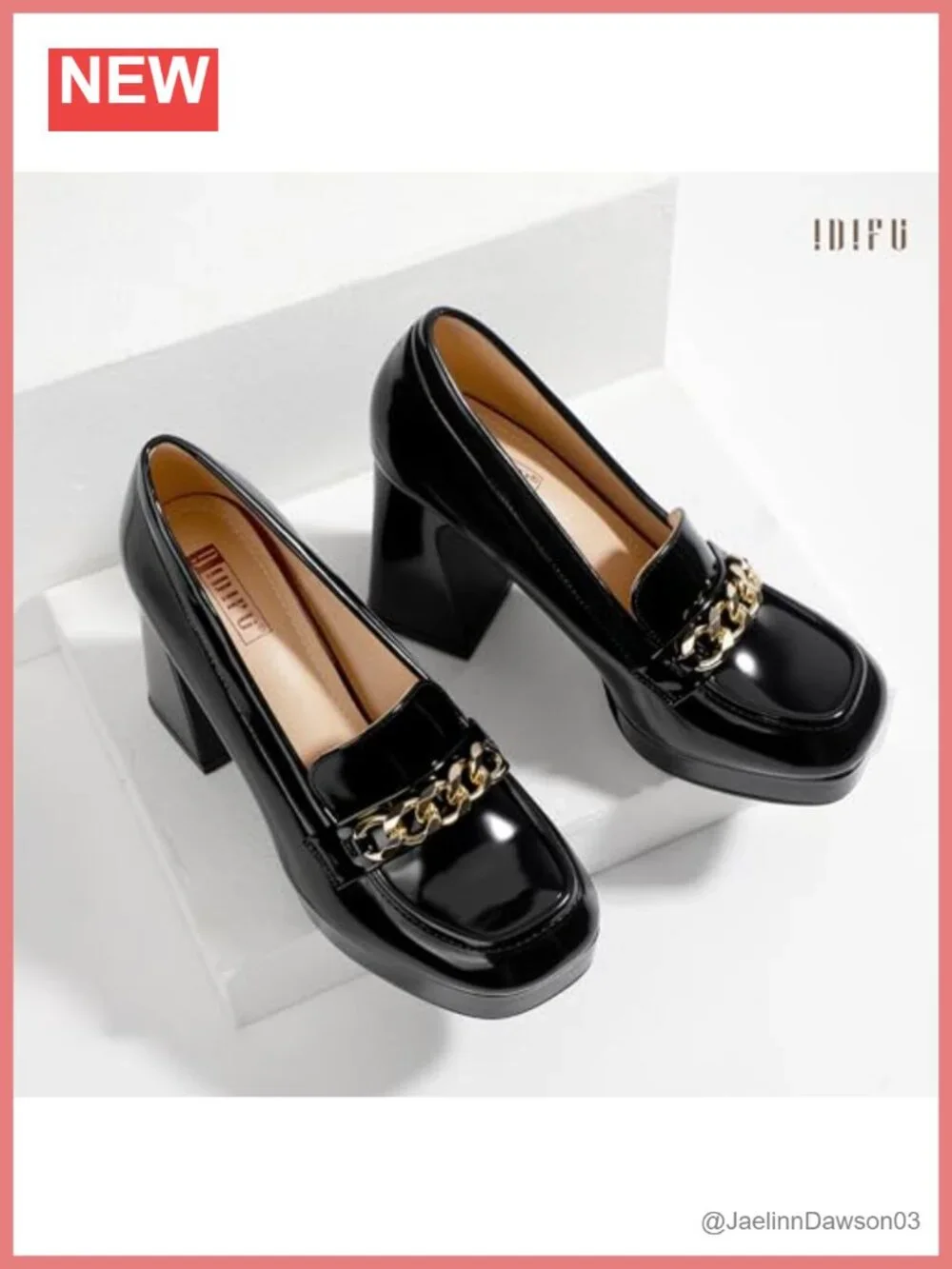 IDIFU Women's Platform Chunky Heeled Loafers with Metal Chain, Square Toe, 3.6